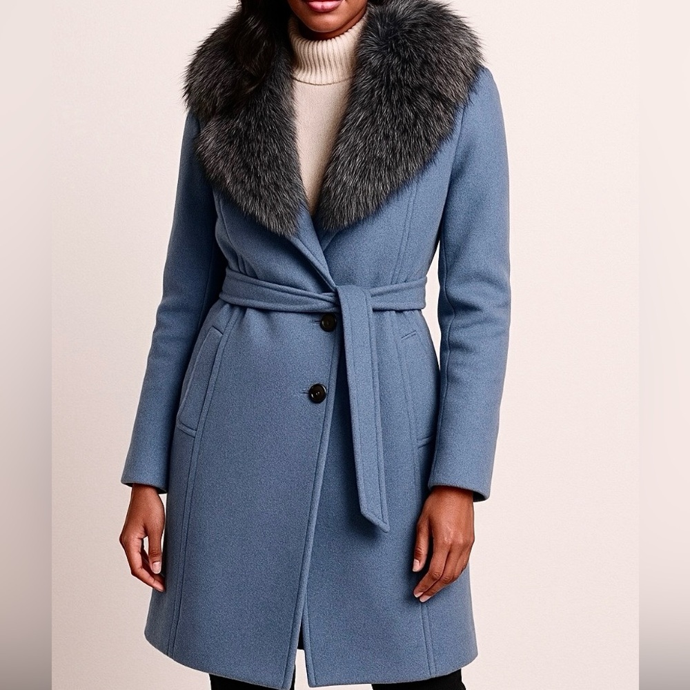 Michael Kors Slate Blue Trench with Silver Fox Fur Trim